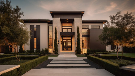 3D rendering of a luxury villa in the garden at duskの素材