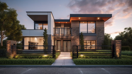 3d rendering of modern cozy house with pool and parking for sale or rent in luxurious style. Clear summer evening with soft light from window.の素材