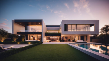 3d rendering of modern cozy house with pool and parking for sale or rent in luxurious style and beautiful landscaping on background. Clear summer evening with warm light from window.の素材