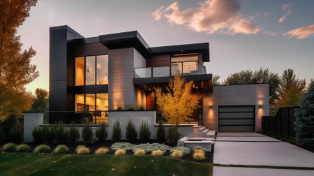 3d rendering of modern cozy house with garage and pool for sale or rent with beautiful landscaping on background. Clear summer evening with golden sunlight.の素材