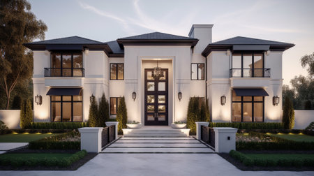 3d rendering of a modern luxury house with garage and terraceの素材