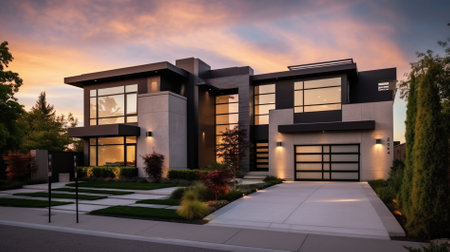 Modern house exterior at sunset, 3d rendering. Computer digital drawing.の素材