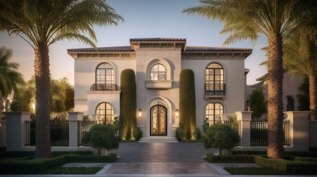 3D rendering of a beautiful house with palm trees at sunset.の素材