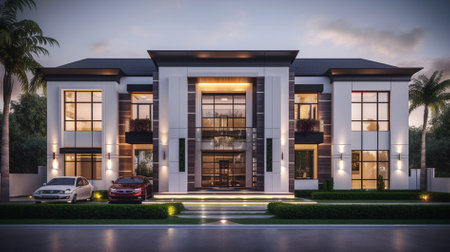 3d rendering of modern luxury house in the garden at night.の素材