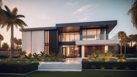 3d rendering of modern cozy house with pool and parking for sale or rent in luxurious style and beautiful landscaping on background.の素材