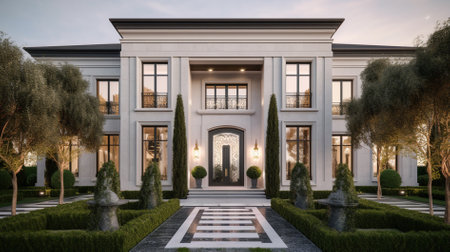 3d rendering of a beautiful building in the garden at dusk.の素材