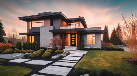 3d rendering of modern cozy house in colonial style with garage and pool for sale or rent. Clear sunny summer evening with blue sky. With a beautiful landscaping on the lawn.の素材