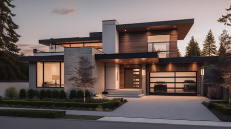 3d rendering of modern cozy house with pool and parking for sale or rent in luxurious style and beautiful landscaping on background.の素材
