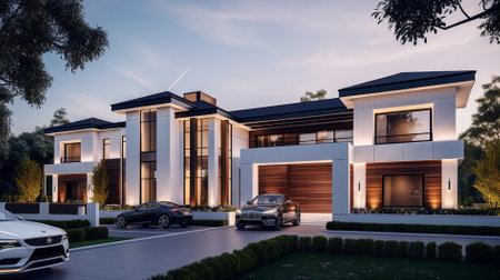 3d rendering of modern cozy house with garage and pool for sale or rent with beautiful landscaping on background. Clear summer evening with blue sky.の素材