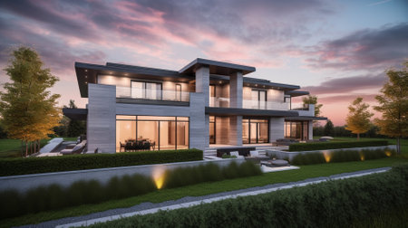 3d rendering of modern cozy house on the hill with garage and pool for sale or rent with beautiful landscaping on background. Clear summer evening with golden sunlight.の素材