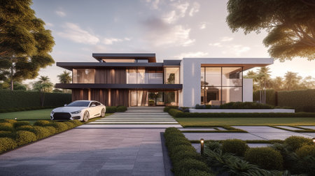 3d rendering of modern cozy house with pool and parking for sale or rent in luxurious style and beautiful landscaping on background. Clear summer evening with warm light from window.の素材