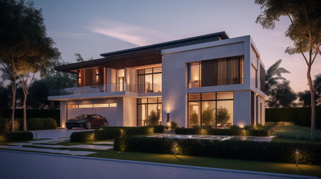 3d rendering of modern cozy house with garage for sale or rent with beautiful landscaping on background. Clear summer night with many stars on the sky.の素材