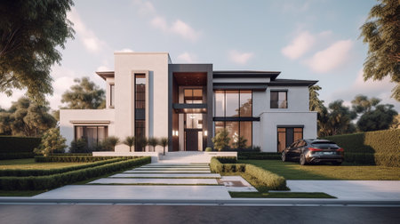 3d rendering of modern cozy house with garage for sale or rent.の素材
