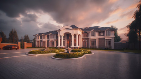 3D render of a luxury villa in the evening light.の素材