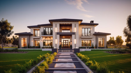 Modern house in the middle of a green field at sunset. Panoramaの素材
