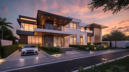 3d rendering of modern cozy house with garage and pool for sale or rent in luxurious style and beautiful landscaping on background. Clear summer evening with golden light from window.の素材