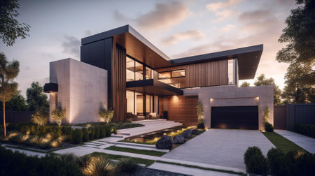3d rendering of modern cozy house by the river with garage for sale or rent. Clear summer night with shiny white clouds.の素材