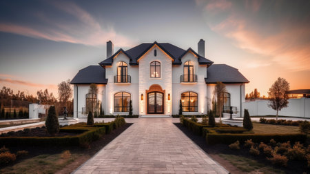 Luxury villa in the garden at sunset, wide angleの素材