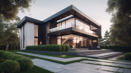3d rendering of modern cozy house with pool and parking for sale or rent in luxurious style.の素材