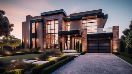 3d rendering of modern cozy house with garage for sale or rent with beautiful landscaping on background. Clear summer evening with cozy light from window.の素材