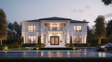 3d rendering of a beautiful house with garden and lawn at nightの素材
