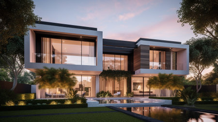 3d rendering of modern cozy house with pool and parking for sale or rent in luxurious style and beautiful landscaping on background. Clear summer evening with warm light from window.の素材