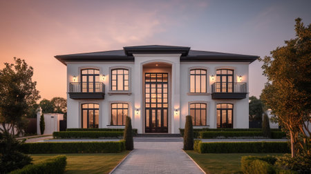 Sunset view of a newly built luxury house in the garden.の素材