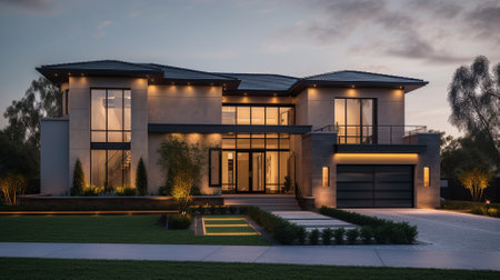 3d rendering of modern cozy house with garage and pool for sale or rent with beautiful landscaping.の素材