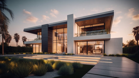 3d rendering of modern cozy house with pool and parking for sale or rent in luxurious style.の素材