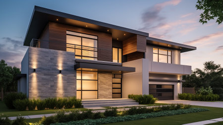 3d rendering of modern cozy house with pool and parking for sale or rent in luxurious style. Sunset with beautiful sky.の素材