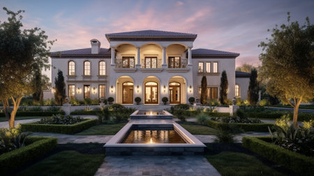 Luxury villa in the garden at sunset. 3d renderingの素材