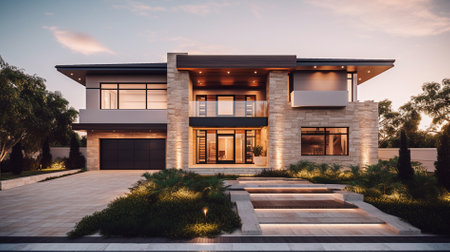 Luxury house exterior with swimming pool at sunset. Nobody insideの素材