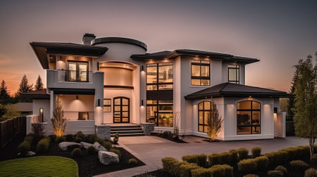 Modern house with garage and driveway at dusk. 3D Renderingの素材