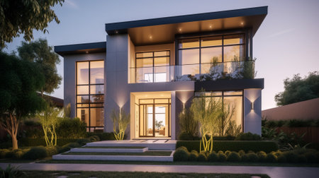 Exterior of a modern house with beautiful landscaping at night.の素材