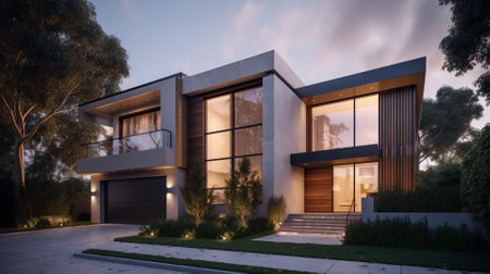 3d rendering of modern cozy house with garage and pool for sale or rent with beautiful landscaping on background. Clear summer night with golden light from window.の素材