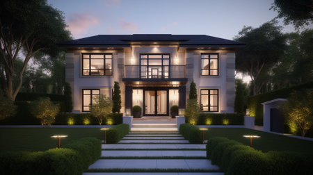 3D rendering of a classic house in the garden at night.の素材