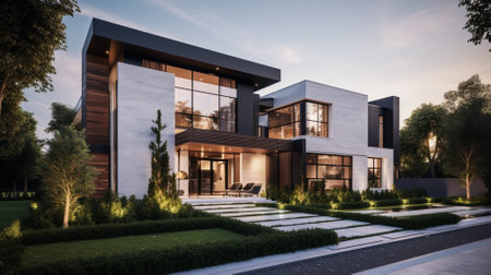 3d rendering of modern cozy house by the river with garage for sale or rent. Clear summer evening with blue sky.の素材