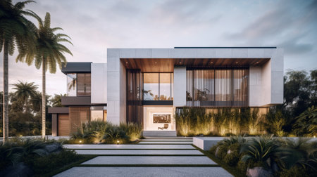 3d rendering of modern cozy house with pool and parking for sale or rent in luxurious style. Sunset with cloudy sky.の素材