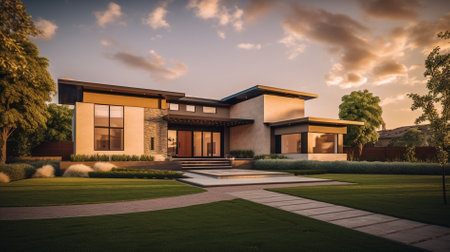 Modern house exterior with garden and lawn at dusk. Toned.の素材