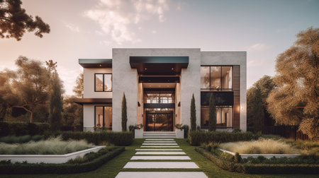 3d rendering of modern cozy house with garage and pool for sale or rent with beautiful landscaping on background. Clear sunny summer evening with blue sky.の素材