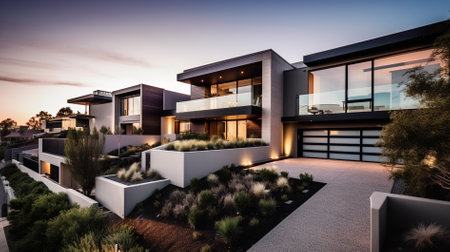 Exterior of a modern house in the evening. 3d renderingの素材