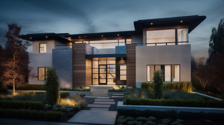3d rendering of modern cozy house with garage and pool for sale or rent with beautiful landscaping on background. Clear summer night with cozy light from window.の素材