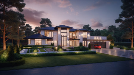 3d rendering of modern cozy house in colonial style with garage and pool for sale or rent. Clear summer night with many stars on the sky.の素材