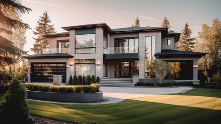 Luxury house exterior with garage and driveway. Perspective view.の素材