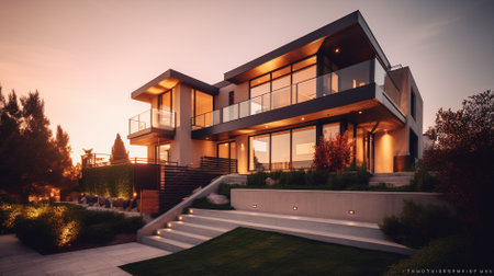 3d rendering of modern cozy house by the river with garage.の素材
