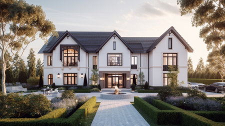 3d rendering of beautiful luxury house in the garden at sunset.の素材