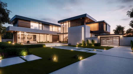 3d rendering of modern cozy house with pool and parking for sale or rent in luxurious style and beautiful landscaping on background. Clear summer evening with soft light from window.の素材