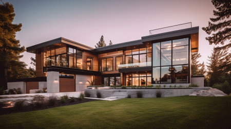 Luxury house exterior at sunset with green grass and lawn.の素材