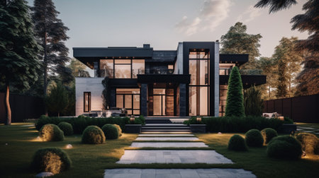 3d rendering of modern cozy house with parking and pool for sale or rent with beautiful landscaping on background. Clear summer evening with cozy light from window.の素材