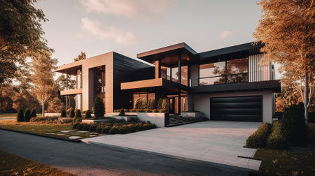 3d rendering of modern cozy house with garage and pool for sale or rent. Clear summer evening with blue sky.の素材